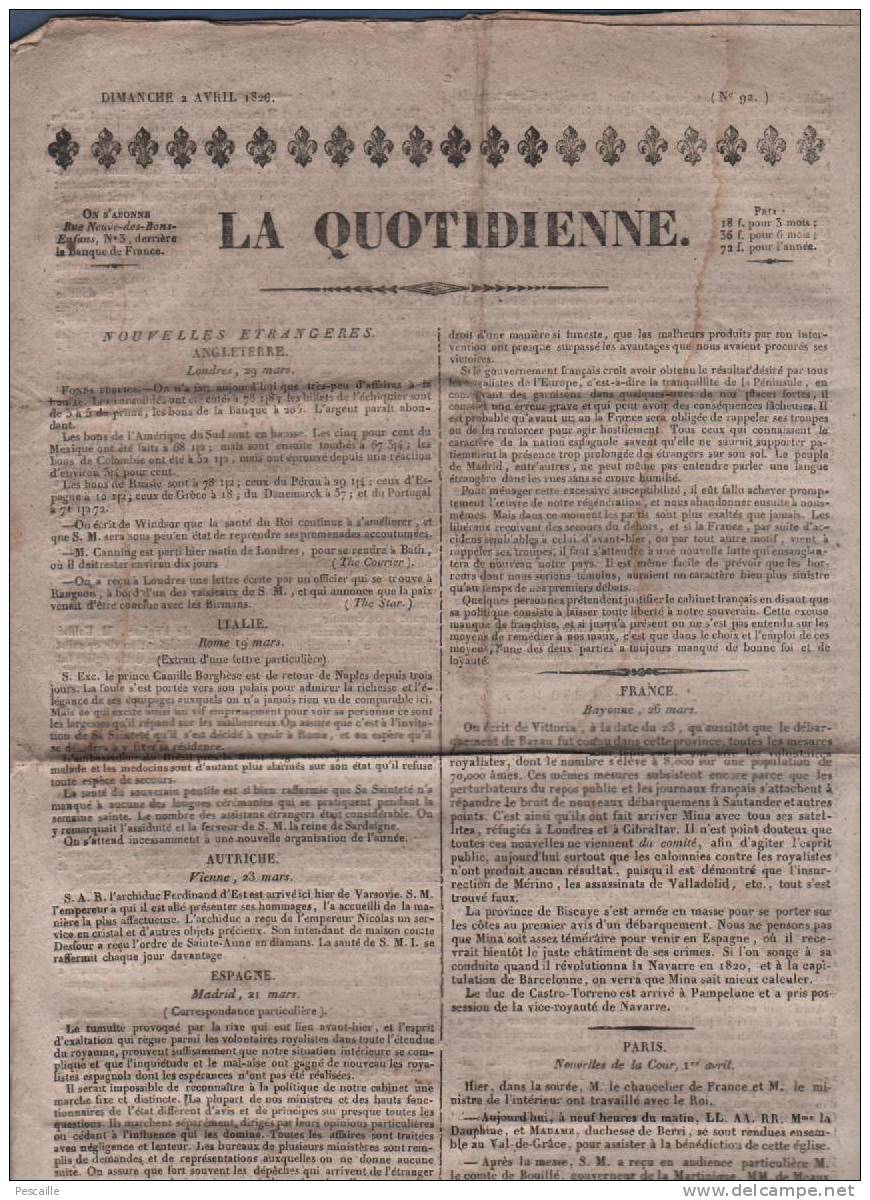 JOURNAL LA QUOTIDIENNE 02 04 1826 - ROME - MADRID - VITTORIA - EGLISE VAL DE GRACE - DROIT D'AINESSE - PORT PARIS - 1800 - 1849