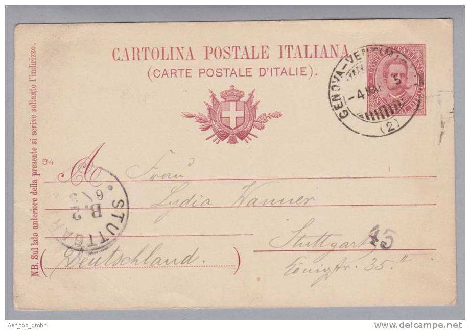 Heimat Italien Alessio Genova-Ventimiglia-Bahn-O 1895-03-04 GS >Stuttgart - Stamped Stationery