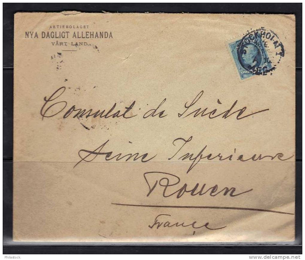 SUEDE Oscar II Obl. S/Lettre Entiére Pour Le Consulat De Suéde à Rouen France - Briefe U. Dokumente