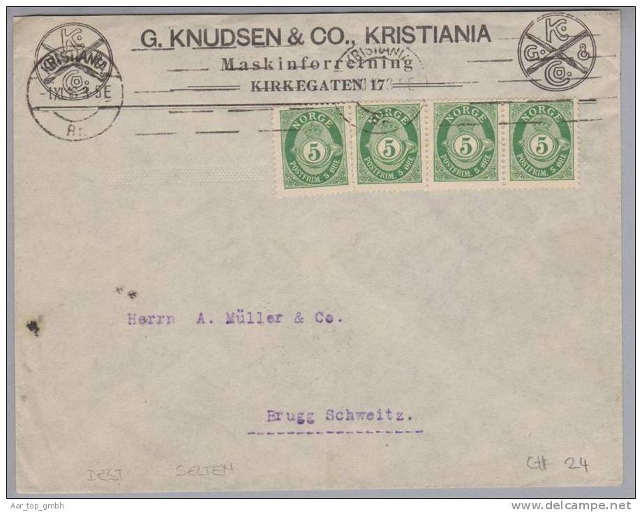 Norwegen 1916-11-01 Brief Kristiania Nach Brugg CH 4x5Öre Posthorn - Lettres & Documents