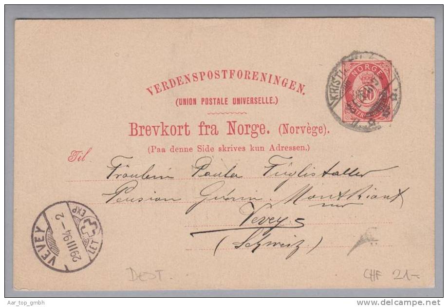 Norwegen 1894-03-26 Ganzsache 10 Öre Kristiania>Vevey CH - Brieven En Documenten