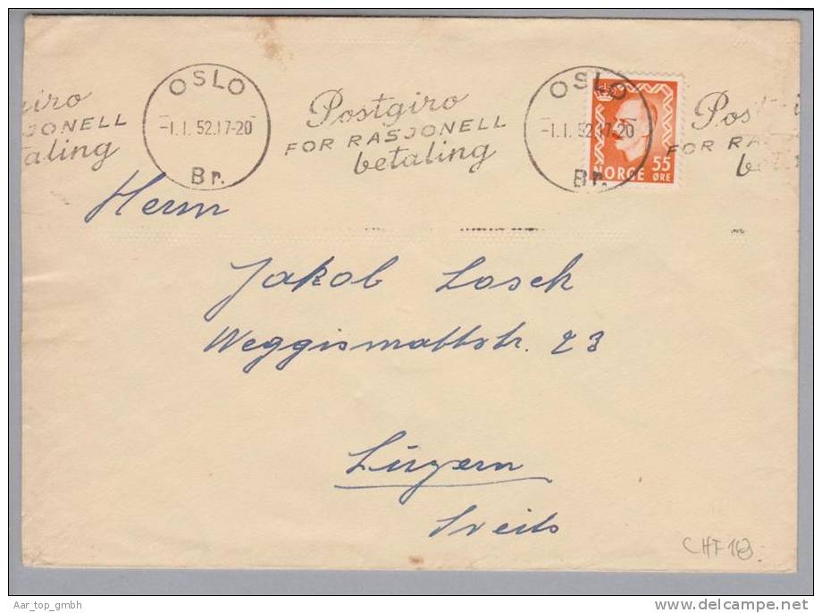 Norwegen 1952-01-01 Oslo Brief Nach Luzern 55Öre EF - Briefe U. Dokumente
