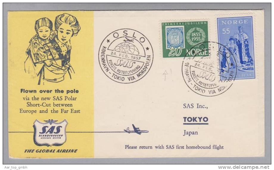 Norwegen 1957-02-24 Oslo Erstflug Kopenhagen-Tokio SAS - Brieven En Documenten