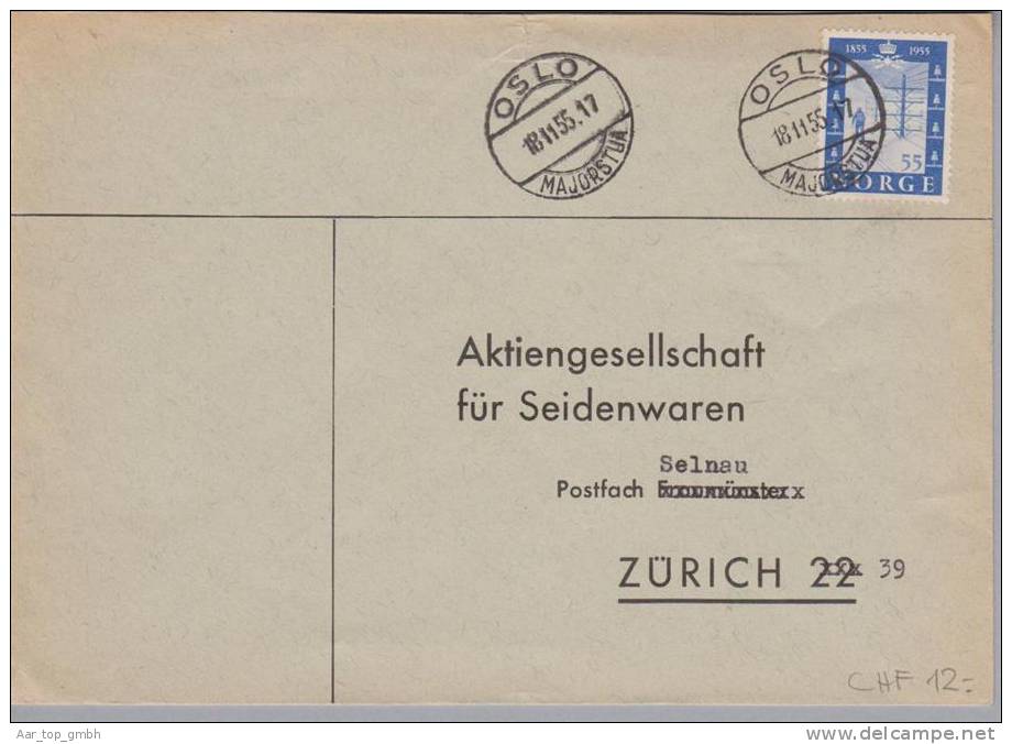 Norwegen 1955-11-18 Oslo Brief Nach Zürich 55Öre EF - Cartas & Documentos