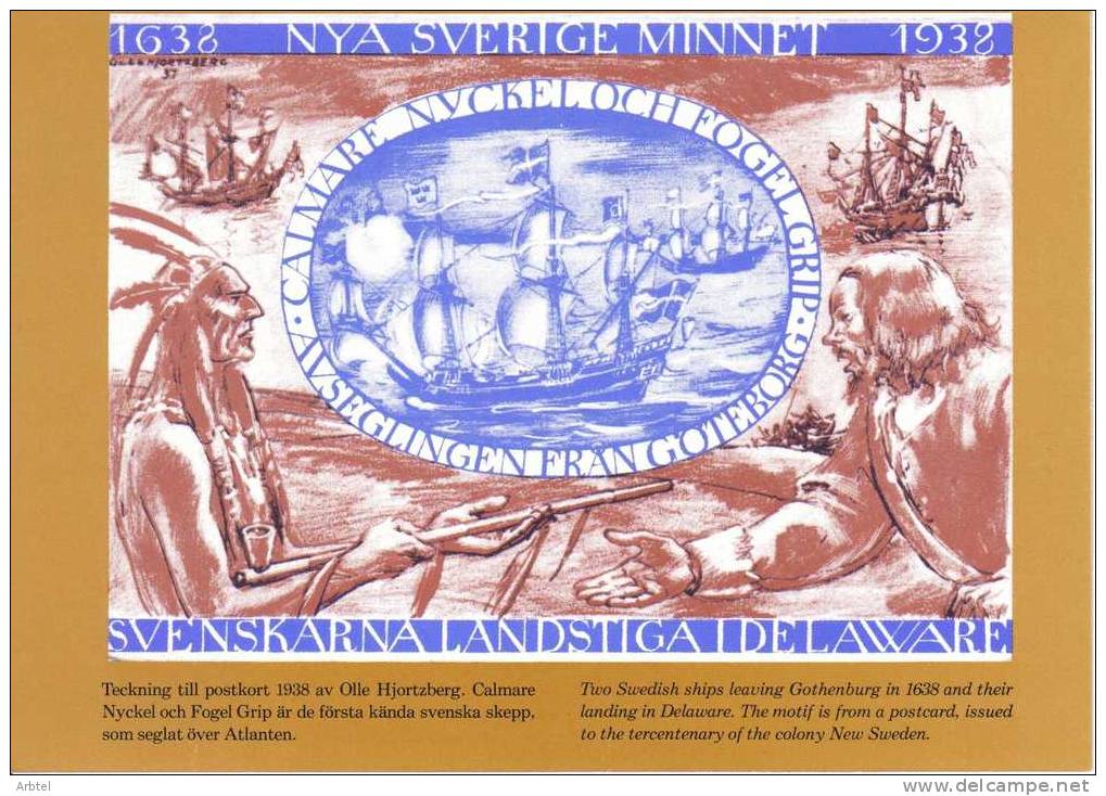 SUECIA 1976 ENTERO POSTAL NUEVA SUECIA COLONES SUECOS EN AMERICA BARCO VELA INDIO PIPA PAZ TABACO - Indianen