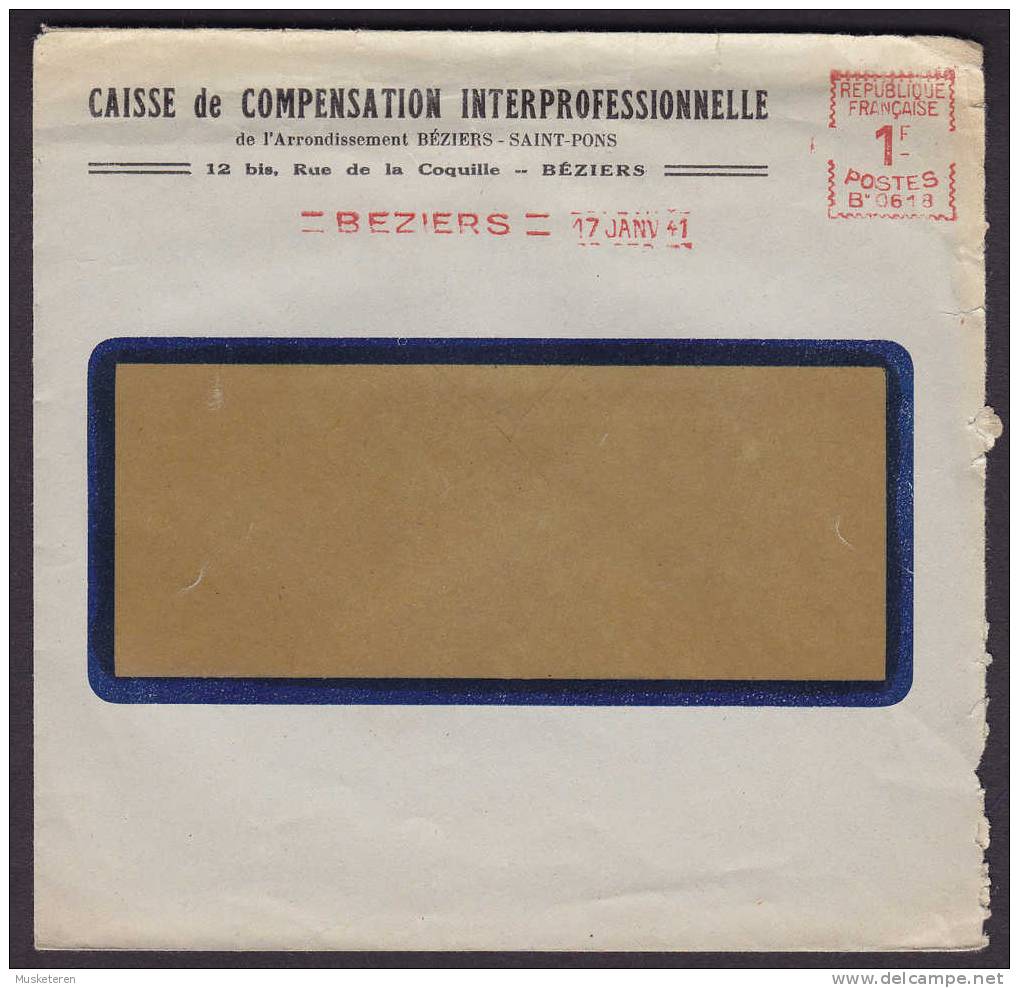 France TMS Cancel B 0618 CAISSE De COMPENSATION INTERPROFESSIONNELLE Beziers Meter Stamp Cancel Cover 1941 - EMA (Printer Machine)