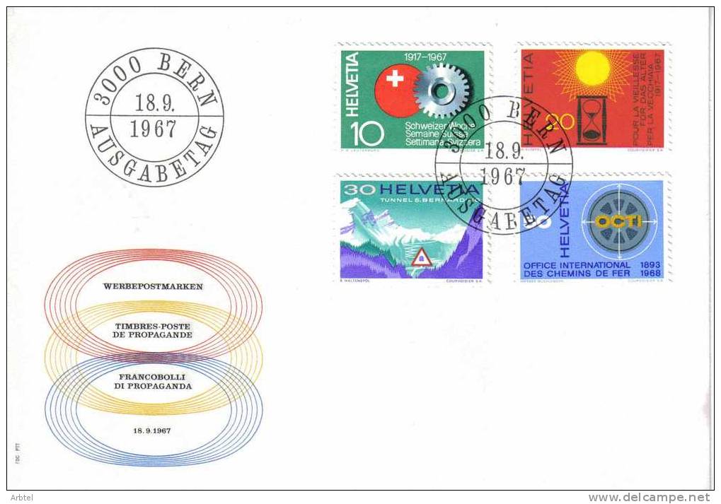 SUIZA SPD 1967 PROPAGANDA RELOJ ARENA SOL FERROCARRIL TUNEL MONTAÑA SOL MAQUINA CARRETERA INGENIERIA - Clocks