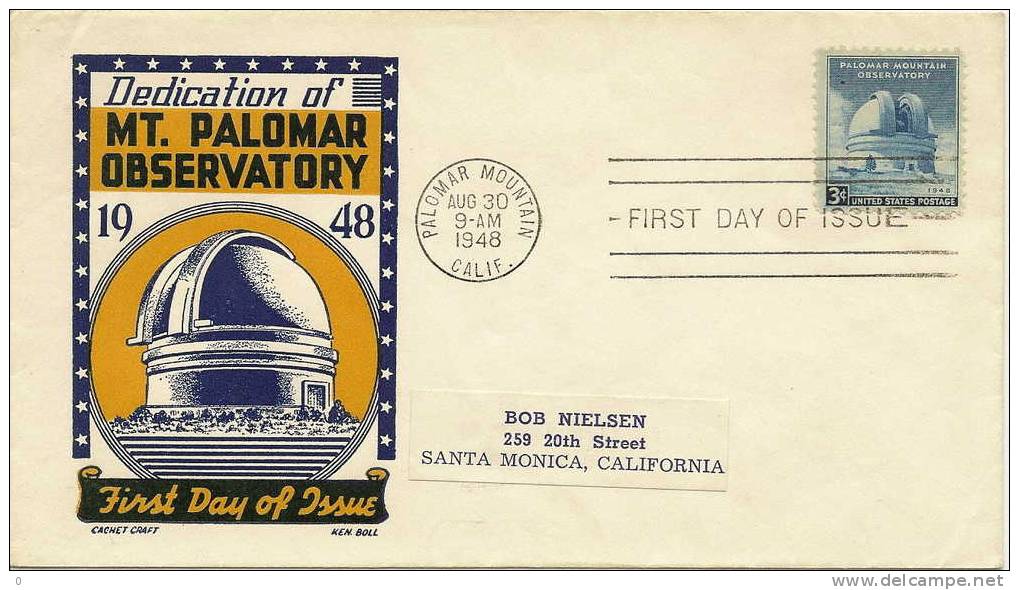 (d) FDC Pour Le Timbre Palomar Mountain Observatory (astronomie,telescope) - 1941-1950