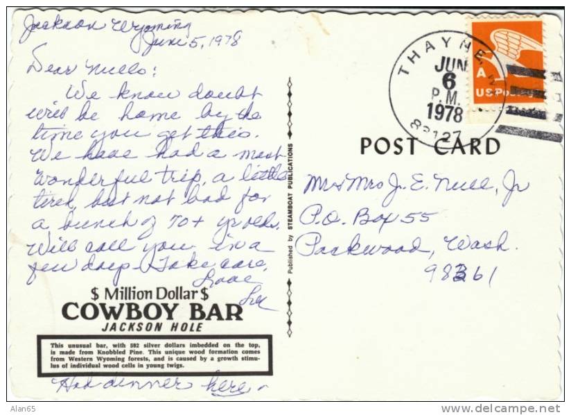 Jackson Hole WY Wyoming, Cowboy Bar Interior View, On C1970s Vintage Postcard - Otros & Sin Clasificación