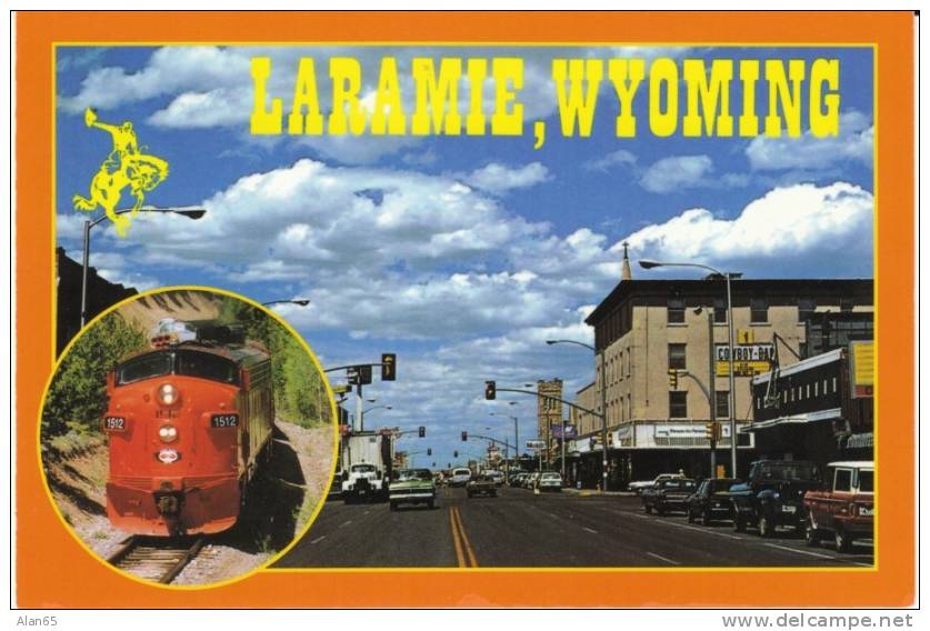 Laramie WY Wyoming, Street Scene Autos, Train Railroad Engine, On C1980s Vintage Postcard - Laramie