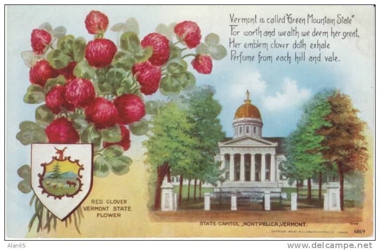 Vermont State Capitol Building , State Flower Red Clover, Montpelier VT On C1910s Vintage  Postcard - Montpelier