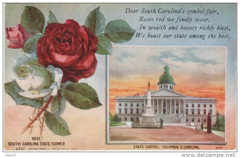 South Carolina State Capitol Building , State Flower Rose, Columbia SC On C1910s Vintage  Postcard - Columbia