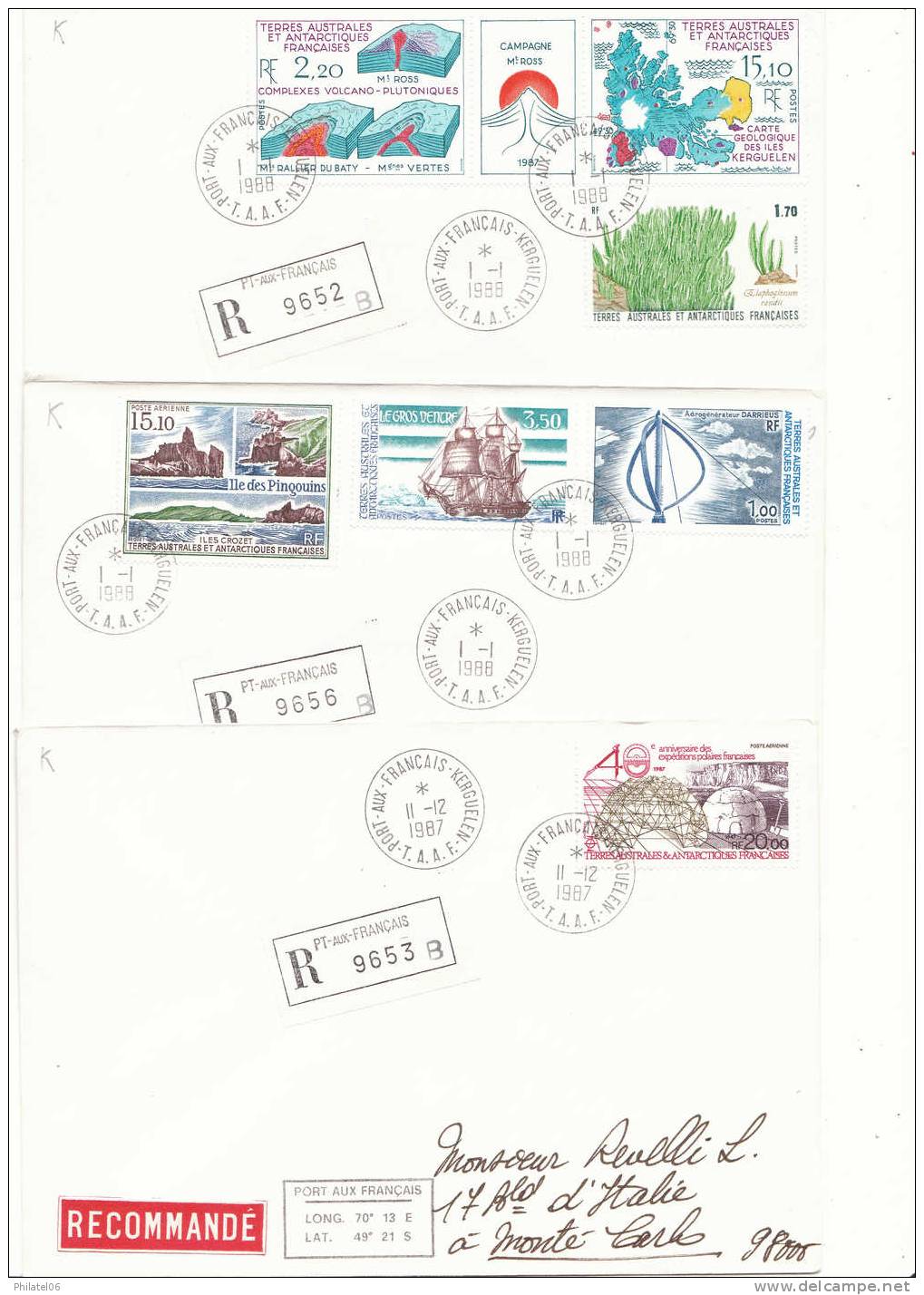 TAAF  6 ENVELOPPES RECOMMANDEES POUR MONACO  1988 'ANNEE COMPLETE)  BASE PORT-AUX-FRANCAIS TB  CACHETS D'ARRIVEE - Colecciones & Series