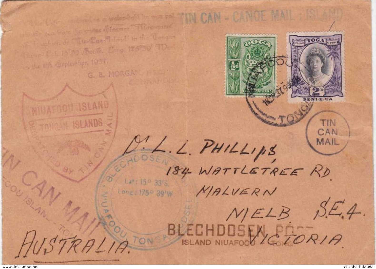 TONGA - 1937 - RARE LETTRE Par CANOE De NIUAFOOU Pour VICTORIA (AUSTRALIE) - Tonga (...-1970)