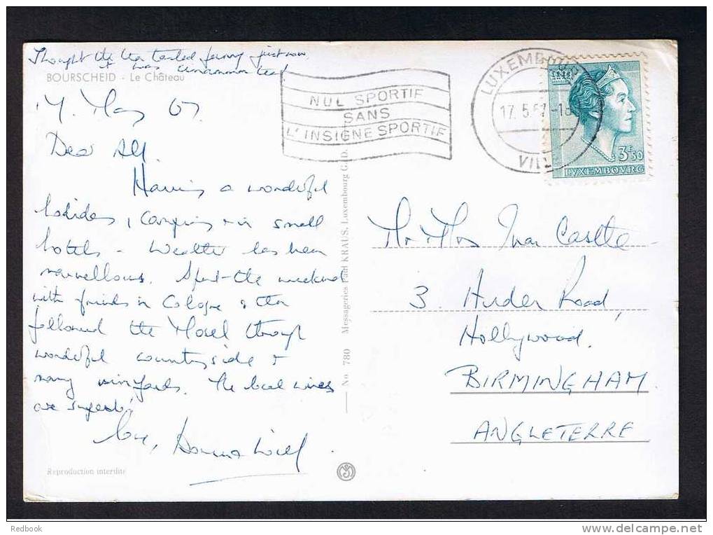 RB 732 - 1967 Luxembourg Postcard - Le Chateau Bourscheid - 3f50 Rate To Birmingham UK With Slogan Postmark - Bourscheid