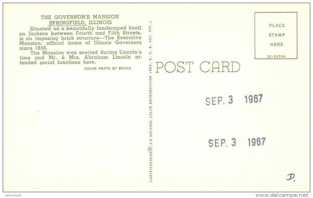 USA – United States – The Governor´s Mansion, Springfield Illinois Unused Postcard [P3979] - Springfield – Illinois