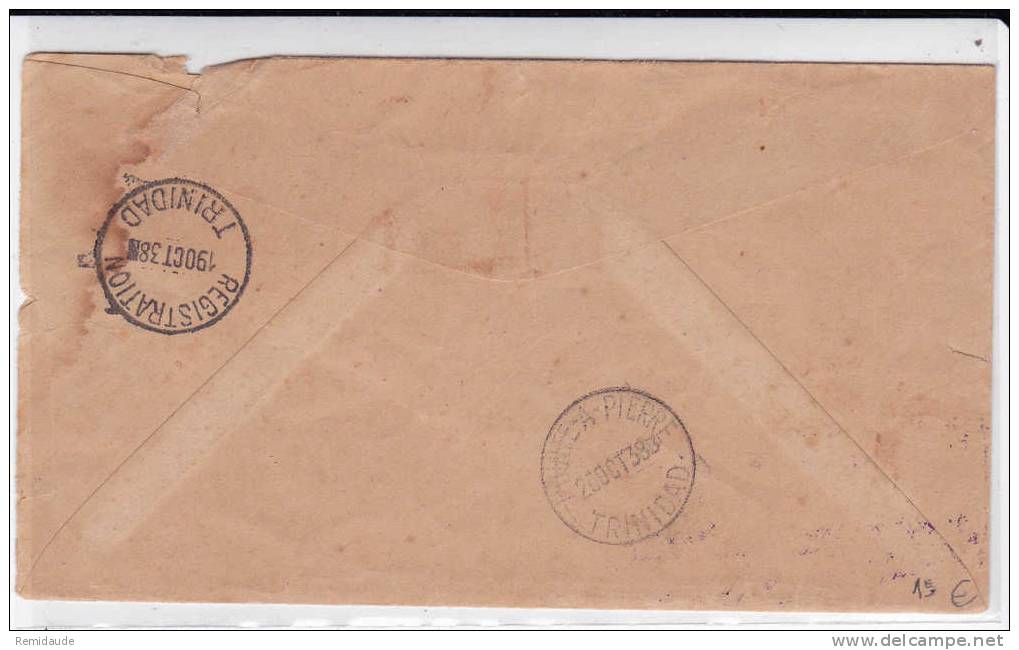 BARBADOS - 1938 - LETTRE Par AVION (1° VOL Par KLM) RECOMMANDEE Pour TRINIDAD - Barbados (...-1966)