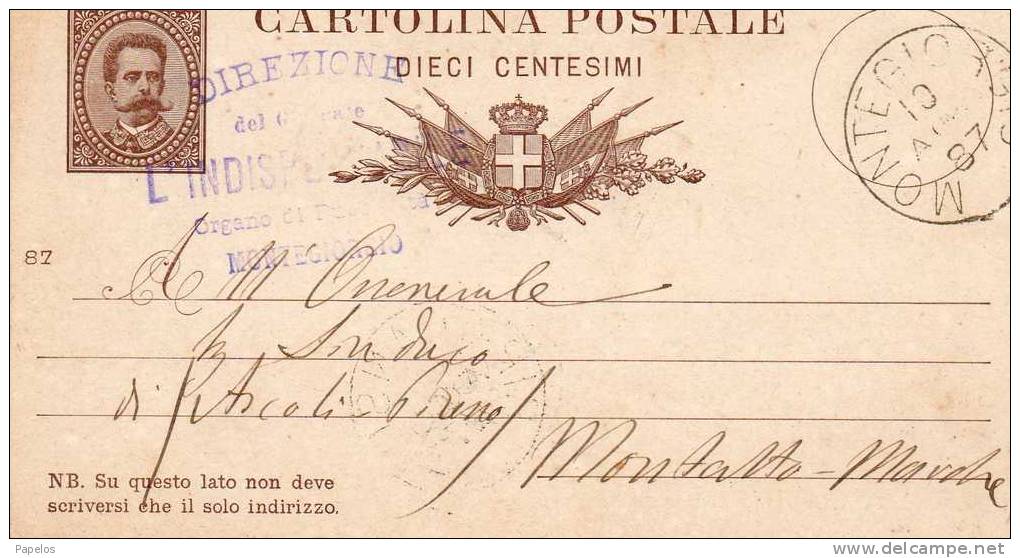 1887   CARTOLINA CON ANNULLO  MONTEGIORGIO ASCOLI - Entiers Postaux