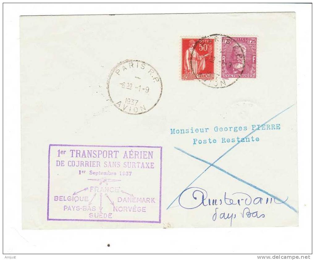 1er Transport Aérien Du Courrier Sans Surtaxe - 1927-1959 Lettres & Documents