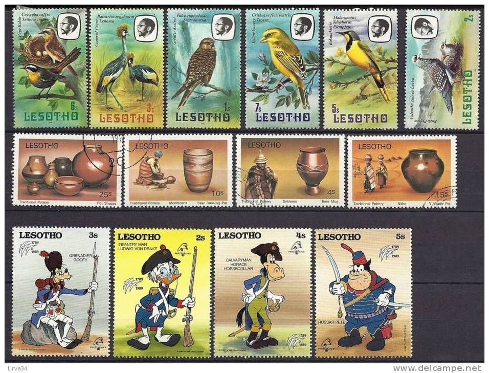 LOT DE 23 TIMBRES ANCIENS DU LESOTHO + 2 BASOUTOLAND- OISEAUX- ARTISANAT- DISNEY- GRANDS FORMATS- 2 SCANS - Lesotho (1966-...)