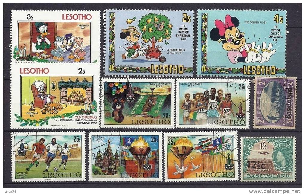 LOT DE 23 TIMBRES ANCIENS DU LESOTHO + 2 BASOUTOLAND- OISEAUX- ARTISANAT- DISNEY- GRANDS FORMATS- 2 SCANS - Lesotho (1966-...)