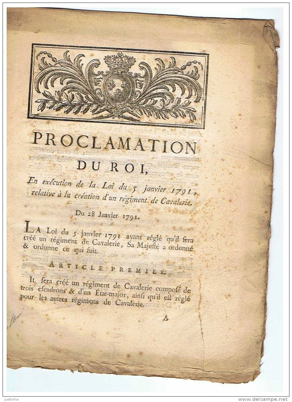 PROCLAMATION DU ROI 1791 ( REGIMENT DE CAVALERIE) - Decreti & Leggi