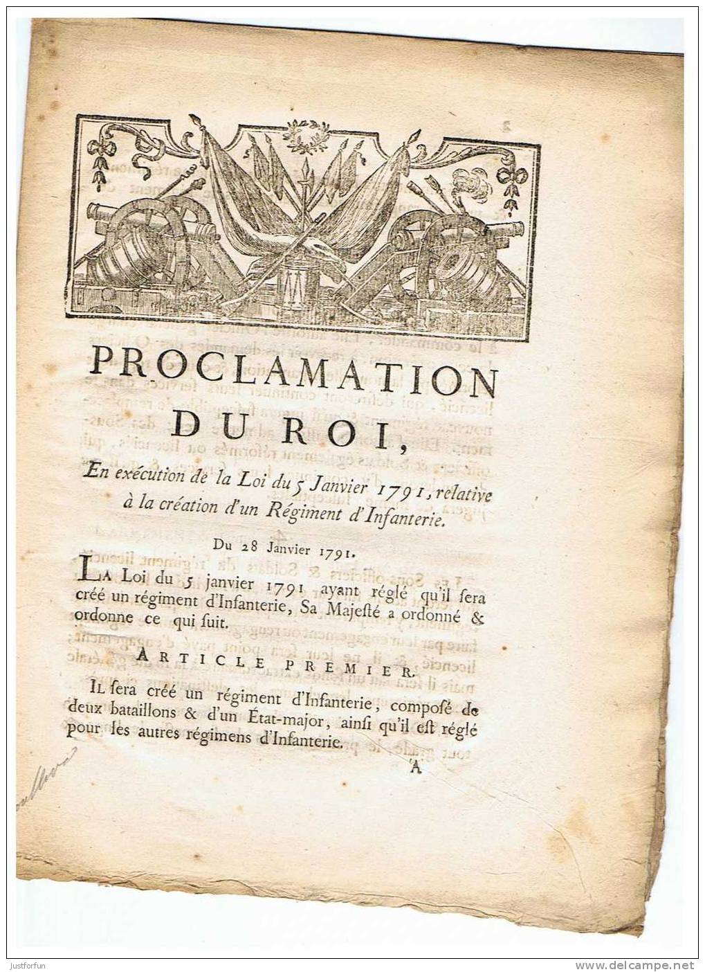 PROCLAMATION DU ROI 1791 ( REGIMENT D' INFANTERIE) - Decrees & Laws