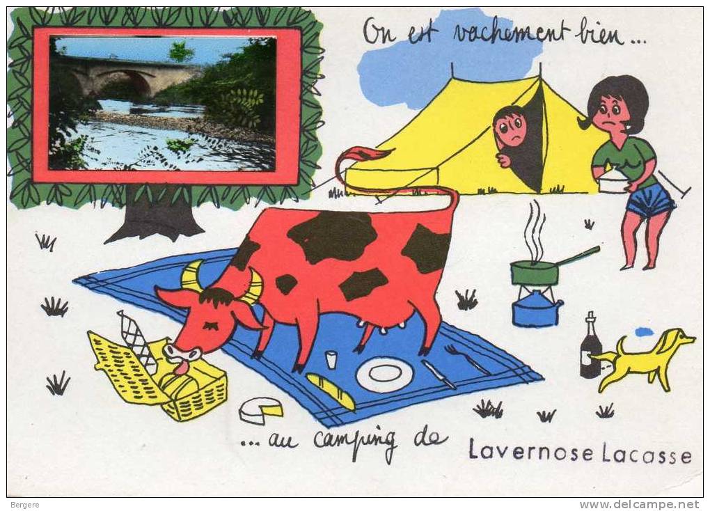 CP LAVERNOSE LACASSE. On Est Vachment Bien Au Camping De Lavernose Lacasse. Vache, Tente, Le Pont. 1977 - Autres & Non Classés