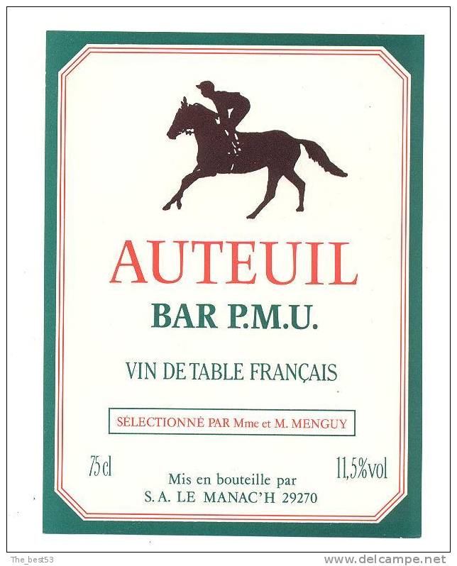 Etiquettes De Vin  -      Auteuil  Bar PMU     M. Menguy  à  Lamballe   (22) - Chevaux