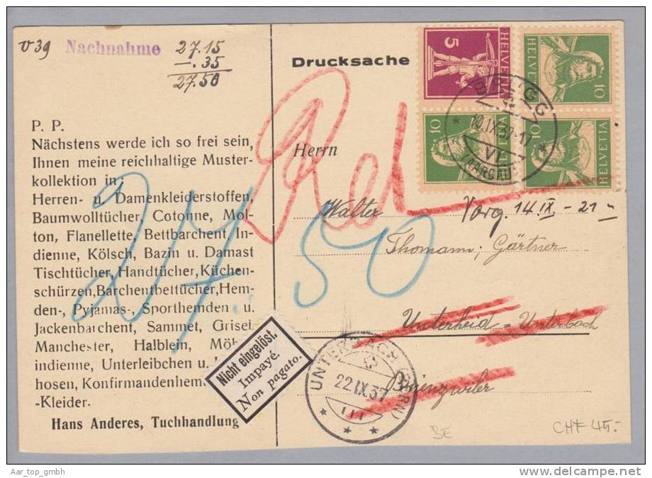 Heimat BE Unteribach 1937-09-22 Nachnahmekarte Mit Zu#K8,K22 - Tête-bêche