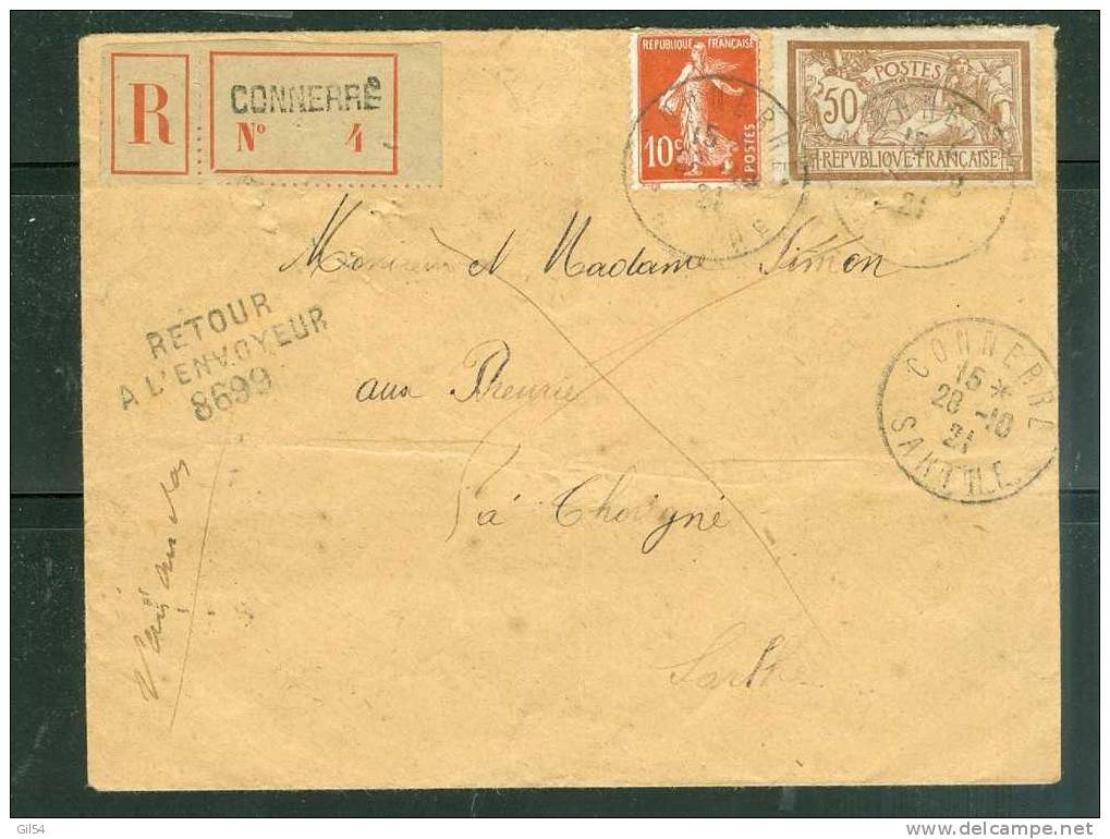 Retour à L'envoyeur 8699  ( Thorigné  Sarthe ) En 1921  Lettre Affranchie Par 50 Cent Et 10 Cent Semeuse- - 1900-27 Merson