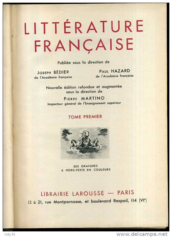 - LITTERATURE FRANCAISE TOME PREMIER . LIBRAIRIE LAROUSSE PARIS 1948 - Enzyklopädien