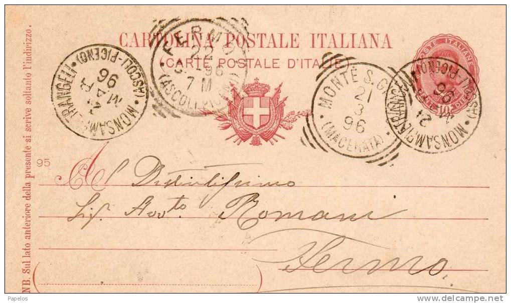 1896 CARTOLINA CON ANNULLO MONTE S. PIETRANGELI FERMO - Interi Postali