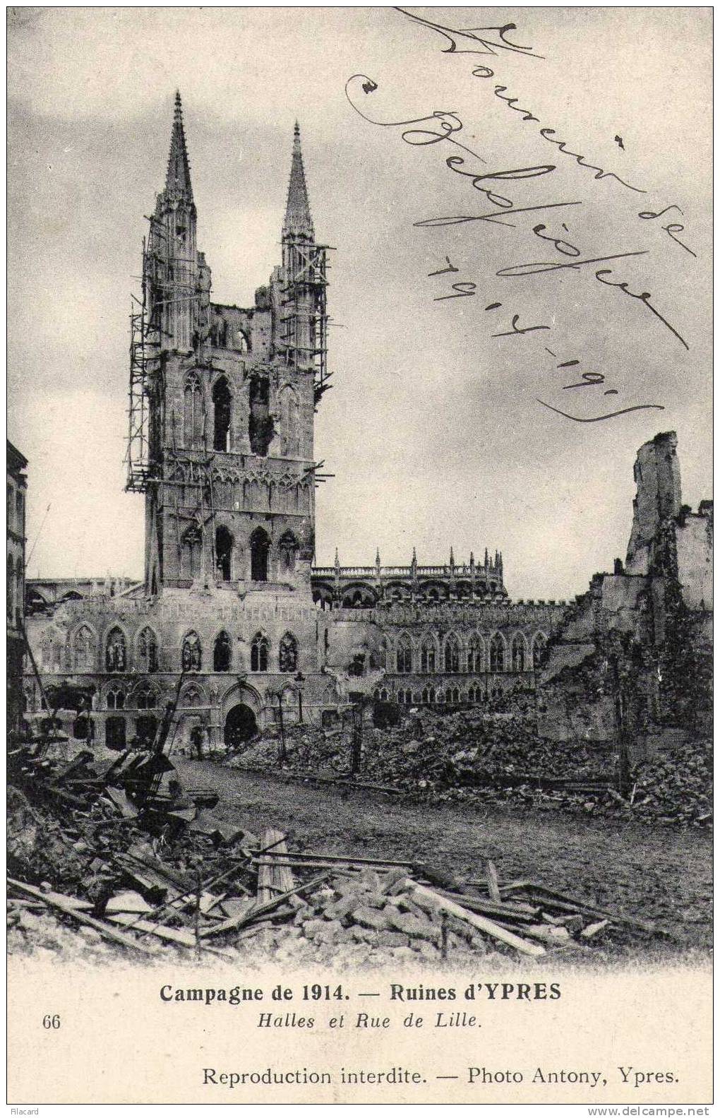 16691   Belgio,   Ruines D"Ypres,  Campagne  De  1914,  Halles  Et  Rue  De  Lille,  NV  (scritta) - Ieper