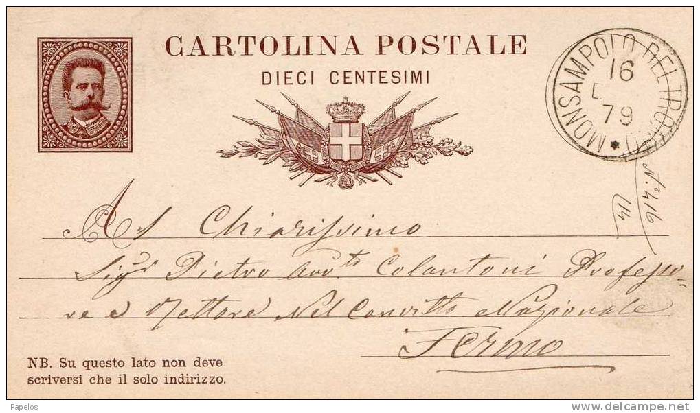 1879 CARTOLINA CON ANNULLO Monsampolo DEL TRONTO - Postwaardestukken