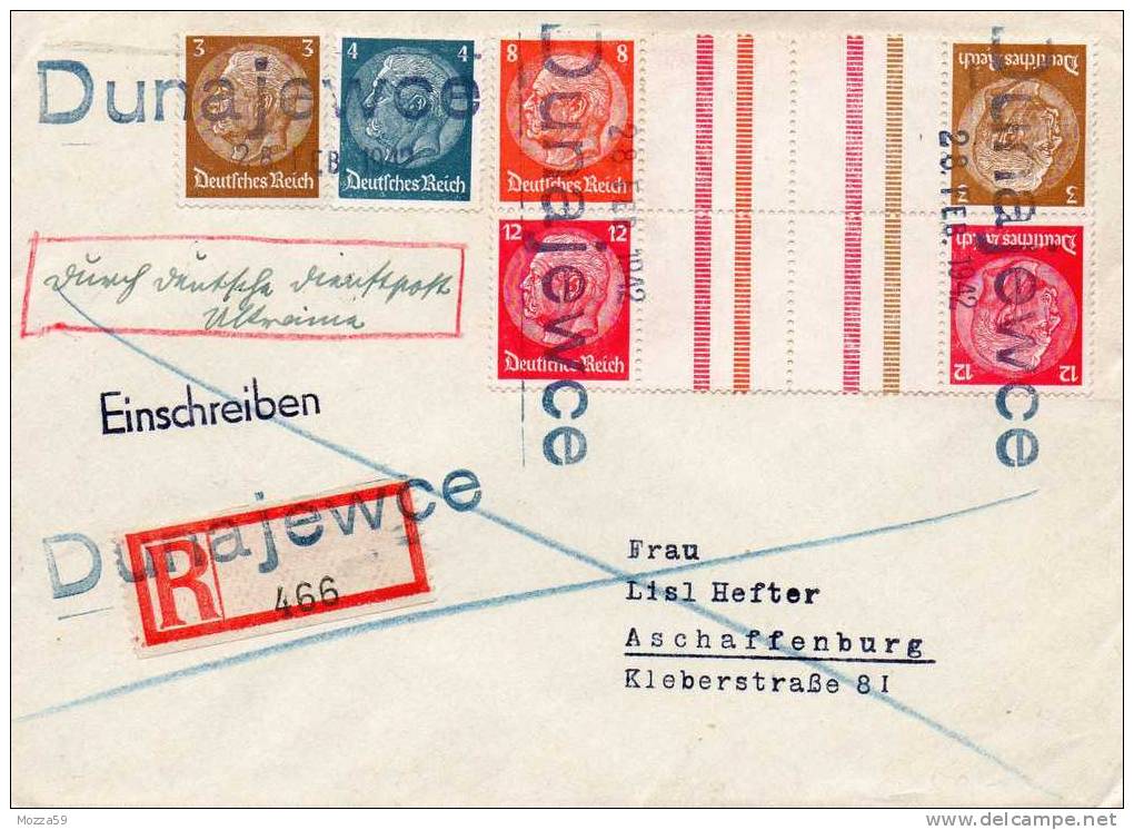 Germany 1942,  Third Reich, Rare Provisional Cancel Dunajewce, Ukraine Registered Letter To Aschaffenburg - Covers & Documents