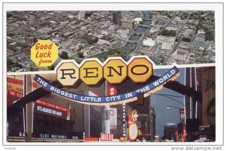 RENO Nevada, ARCH GATEWAY NIGHT VIEW & CITY AERIAL -NV Vintage Postcard - Ca 1960s - Reno