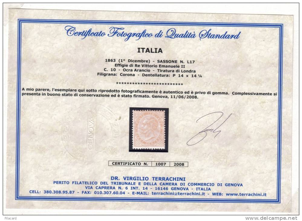 Italia Italy Italien Italie 1863 Effigie Vittorio Emanuele II 10c  No Gum Certificato - Ungebraucht