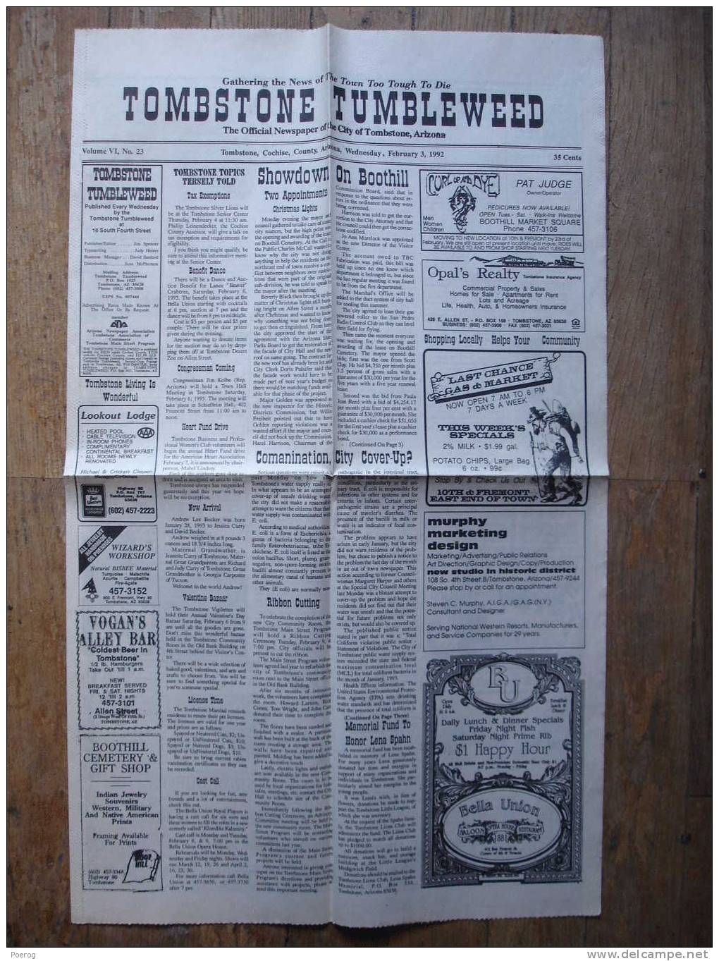 TOMBSTONE TUMBLWEED N°23 - 3 FEBRUARY 1992 ARIZONA WEEKLY NEWSPAPER JOURNAL DU 3 FEVRIER 1992 - USA ETATS UNIS AMERICAIN - Autres & Non Classés