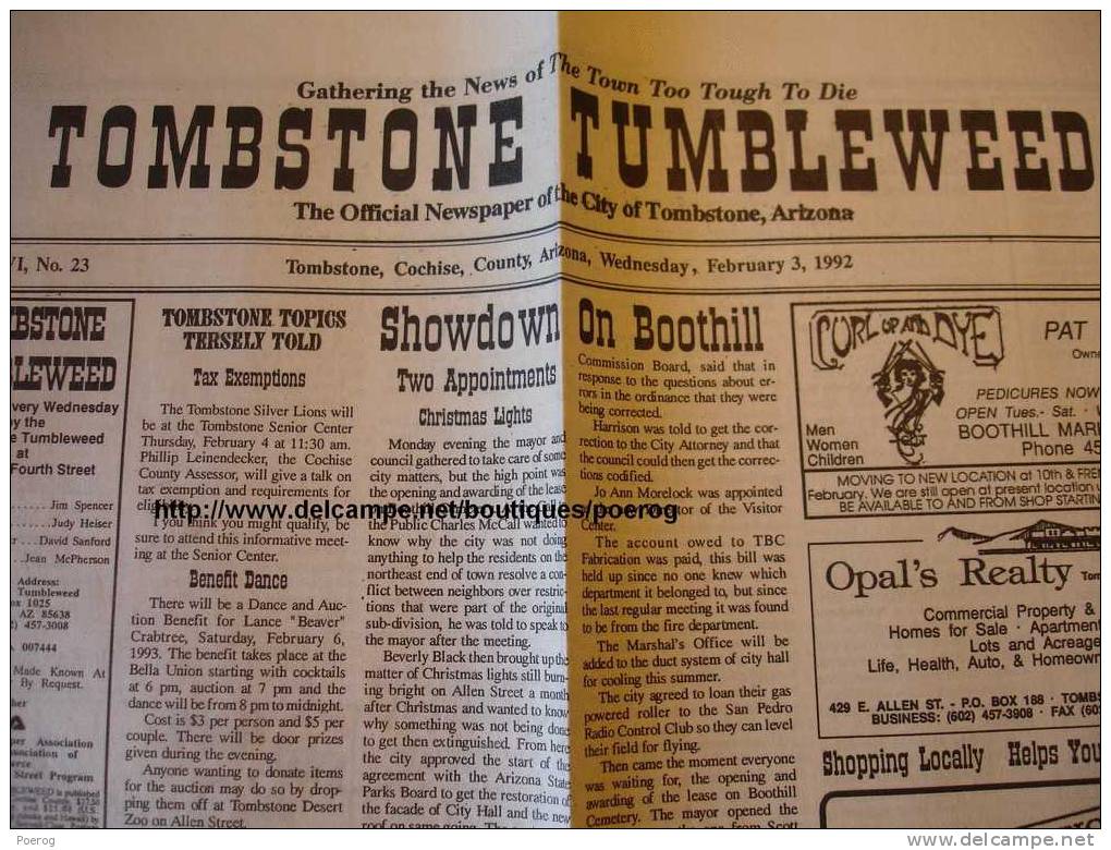 TOMBSTONE TUMBLWEED N°23 - 3 FEBRUARY 1992 ARIZONA WEEKLY NEWSPAPER JOURNAL DU 3 FEVRIER 1992 - USA ETATS UNIS AMERICAIN - Andere & Zonder Classificatie