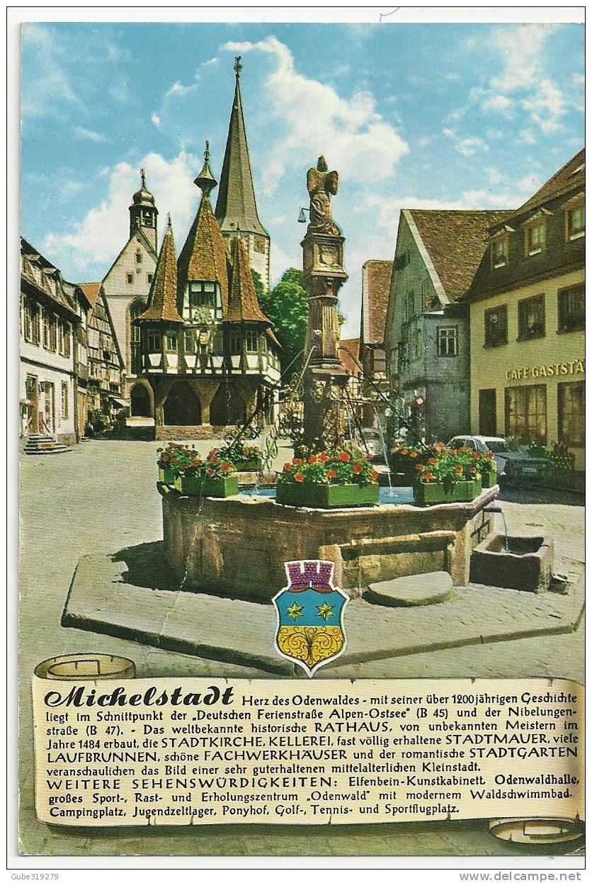 POSTCARD  GERMANY 1973 - MICHELSTADT  - RATHAUS STADKIRCHE,KELLEREI ETC   FLOWN  1973 FROM LANGEN  TO ANDORRA -30/7/1973 - Michelstadt