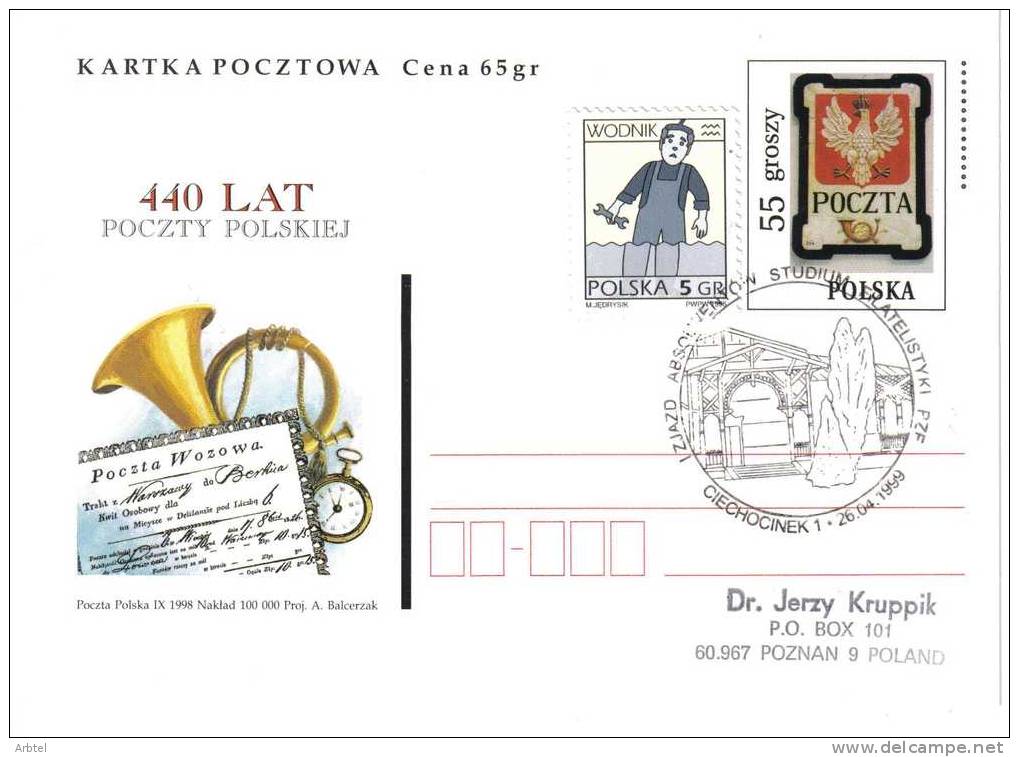 POLONIA ENTERO POSTAL 1998 CORNETA RELOJ FILATELIA - Clocks