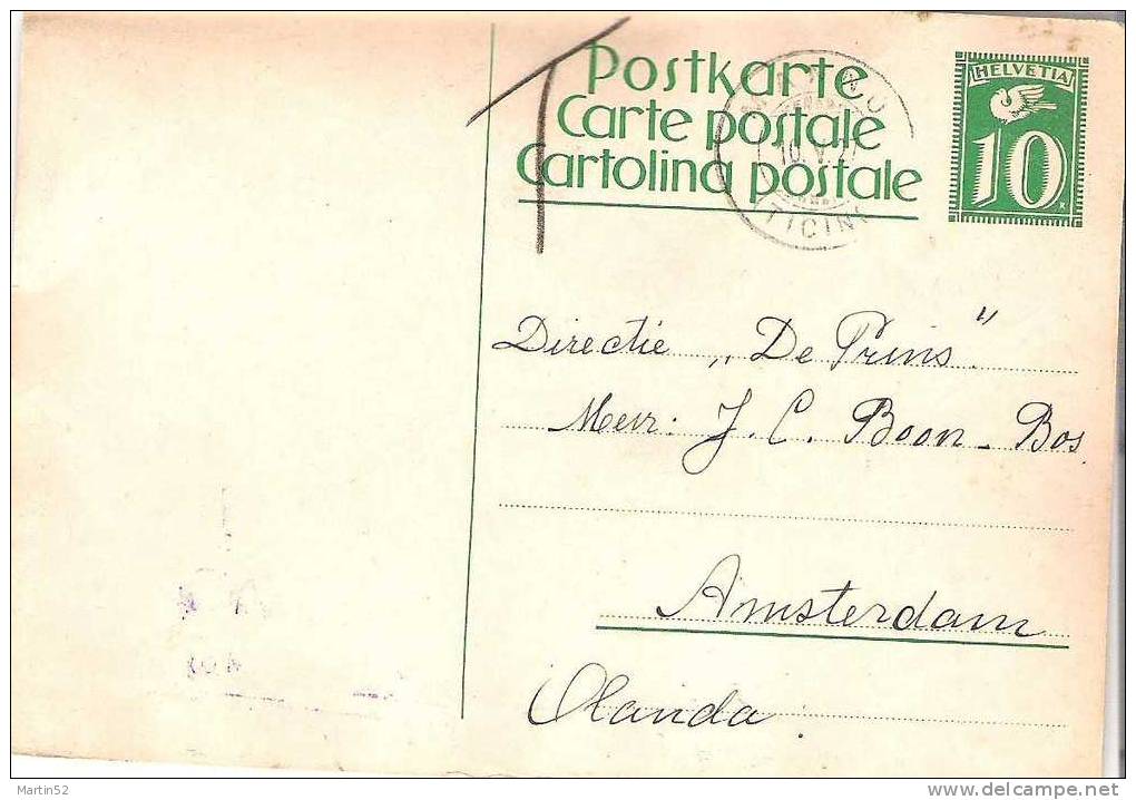 Suisse Svizzera 1927: Cartolina Di MANNO (Ticino) 10.V.27 Per Olanda, Affrancatura Insufficiente Con  "T" (sopratassa) - Portomarken