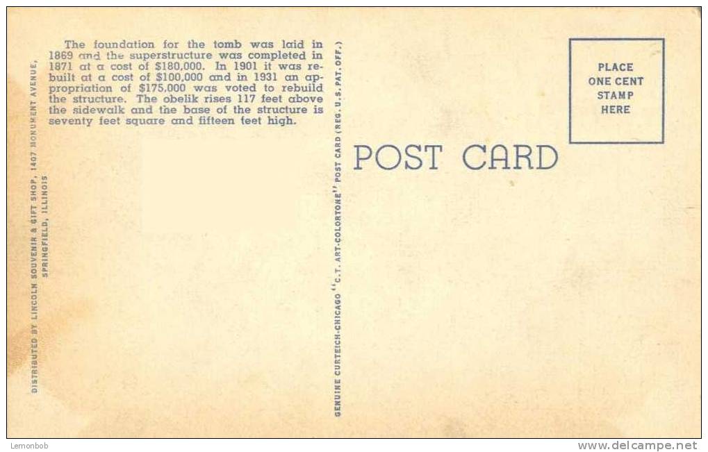 USA – United States – Lincoln Tomb, Springfield Illinois Unused Linen Postcard [P4058] - Springfield – Illinois
