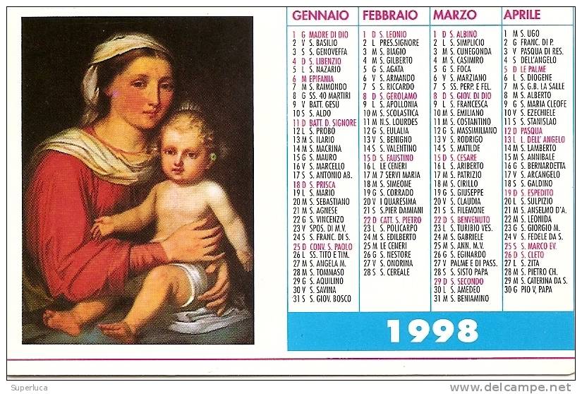 D-CALENDARIO TASCABILE1998 SANTUARIO S.MARIA DELLE GRAZIE CAPRILE BL - Formato Piccolo : 1991-00