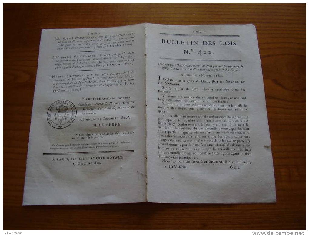 Bulletin Des Lois : 1820 : 17° Division Militaire De Corse; Foire à Plan De Baix, Mirmande, Privas, Coucouron..... - Décrets & Lois