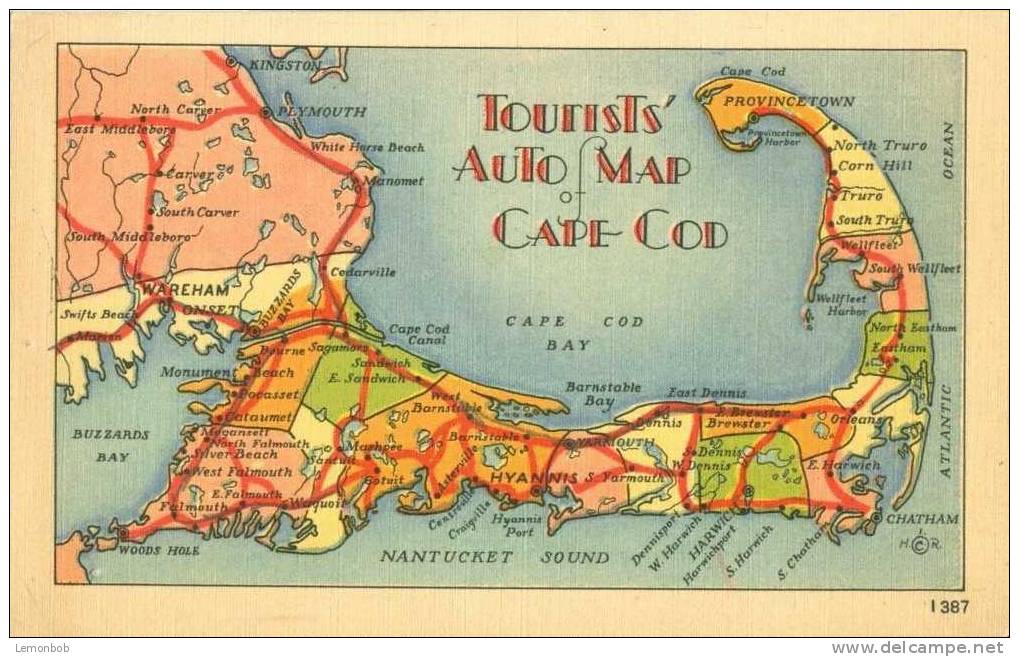 USA – United States – Tourist Auto Map Of Cape Cod Unused 1930s Linen Postcard [P4158] - Cape Cod