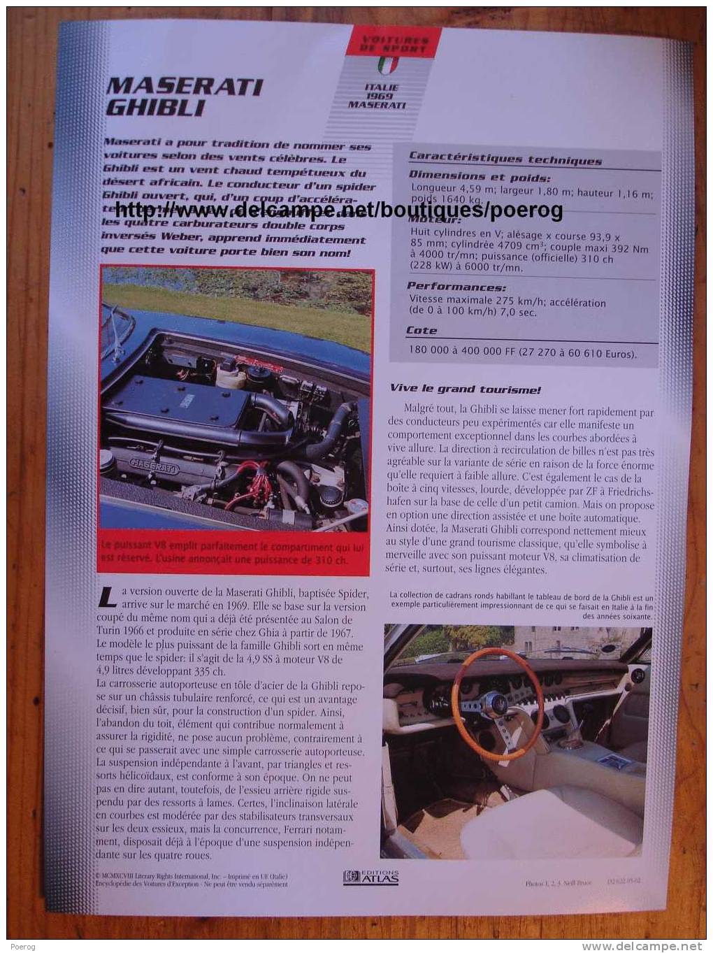 MASERATI GHIBLI - FICHE VOITURE GRAND FORMAT (A4) - 1998 - Auto Automobile Automobiles Car Cars Voitures - Autos