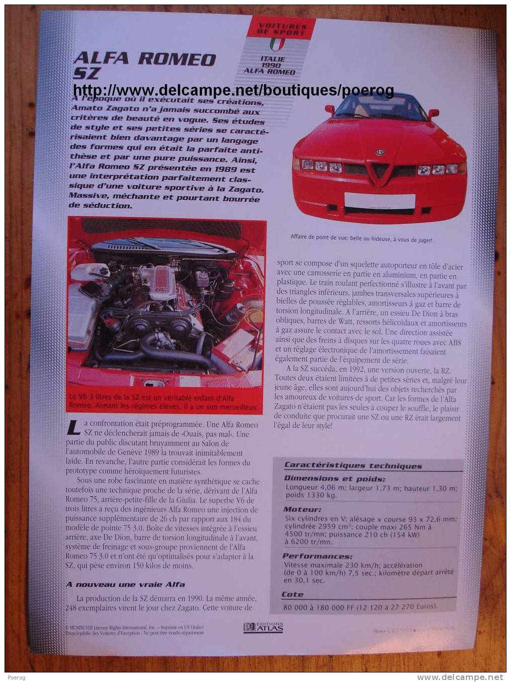 ALFA ROMEO SZ - FICHE VOITURE GRAND FORMAT (A4) - 1998 - Auto Automobile Automobiles Car Cars Voitures - Autos
