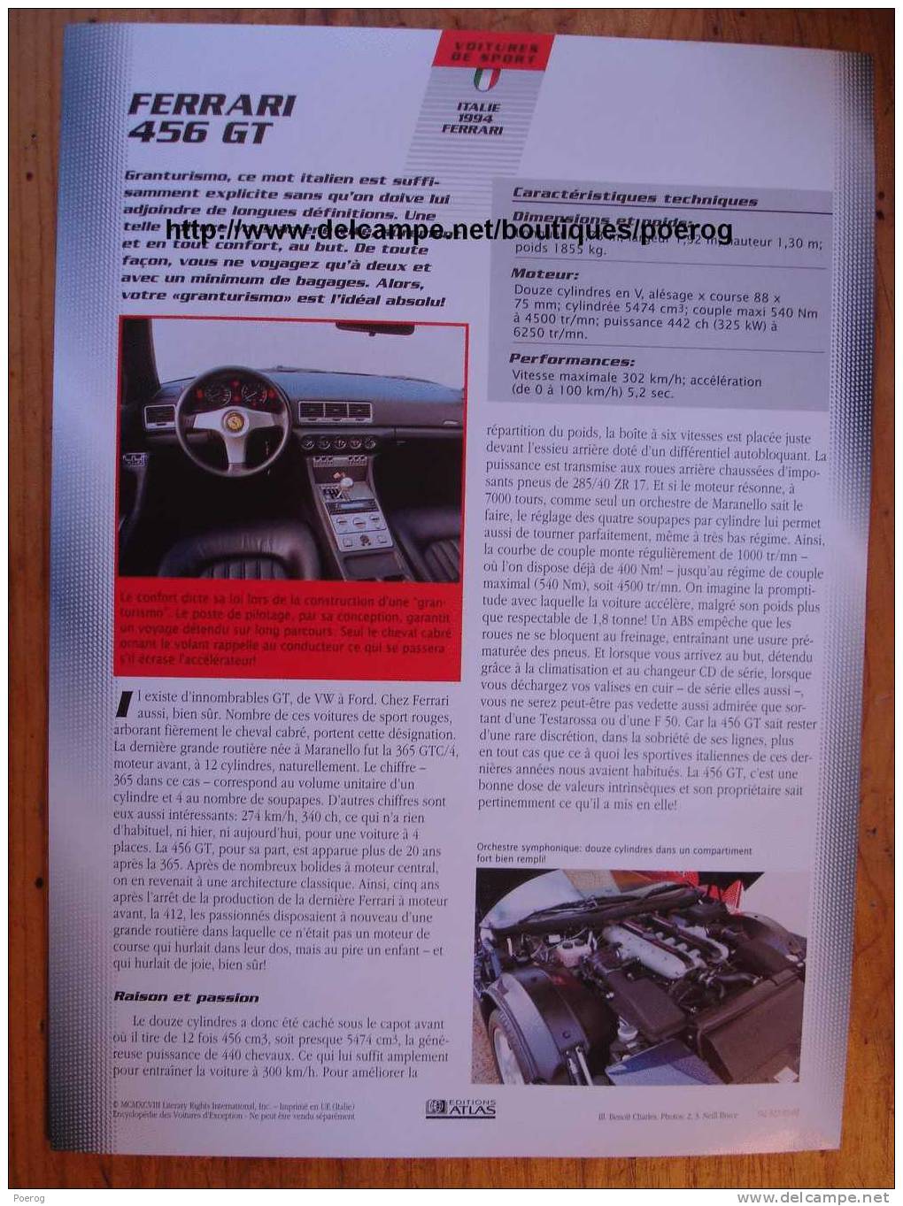 FERRARI 456 GT - FICHE VOITURE GRAND FORMAT (A4) - 1998 - Auto Automobile Automobiles Car Cars Voitures - Coches